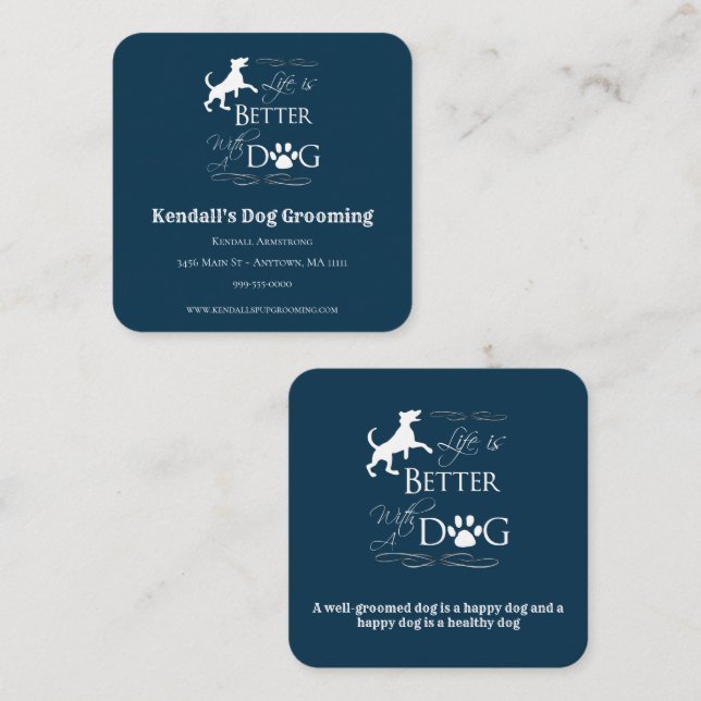 Blue Funny Quote Dog Grooming Square Business Card (Front/Back)
