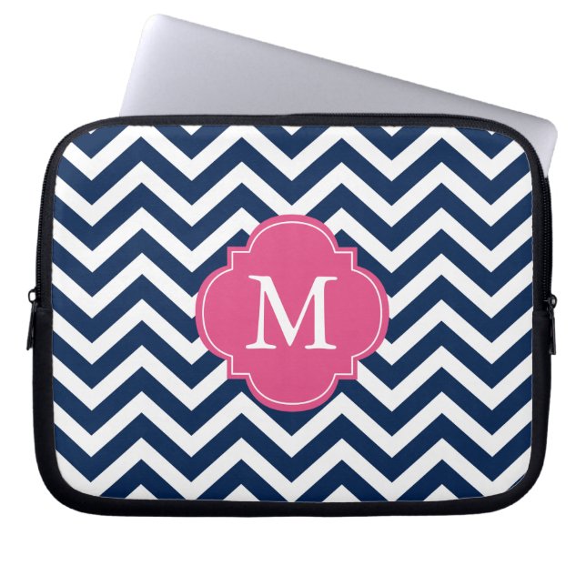 Blue & Fuschia Zigzags Pattern Monogram Laptop Sleeve (Front)