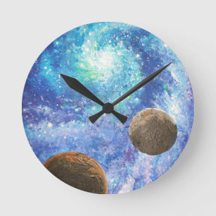 Blue galaxy and planets round clock