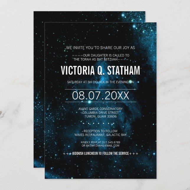 Blue Galaxy Bat Mitzvah Party Invite (Front/Back)