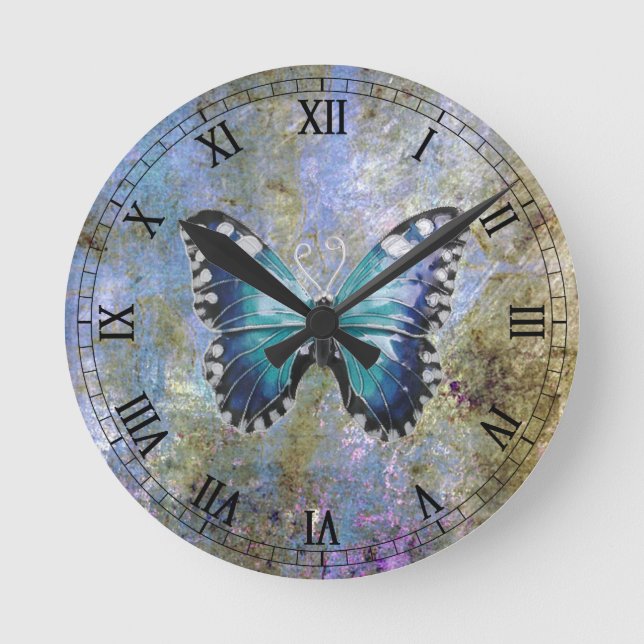 Blue Galaxy Butterfly Round Clock (Front)