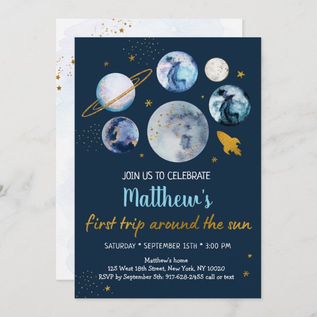 Blue Galaxy First Trip Around The Sun Birthday Invitation (Front/Back)