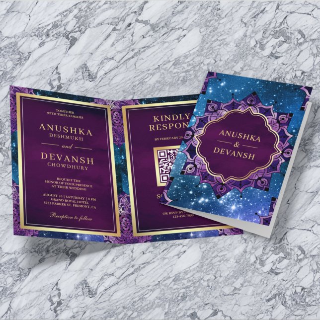 Blue Galaxy Purple Mandala QR Code Indian Wedding Invitation (Creator Uploaded)
