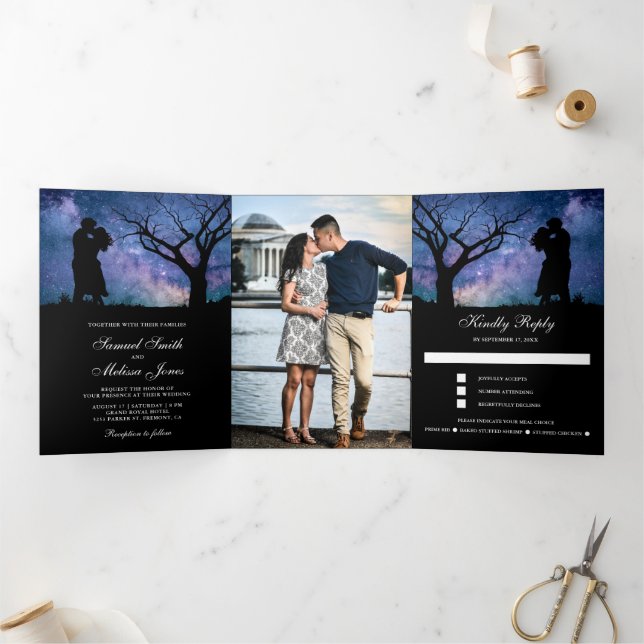 Blue Galaxy Romantic Couple Photo Wedding Tri-Fold Invitation (Inside)