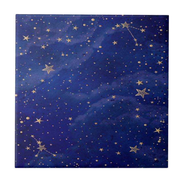 Blue Galaxy with Golden Stars Ceramic Tile (Front)
