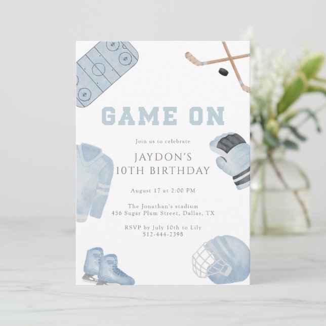 Blue Game On Hockey Birthday Party Kids Sports  Invitation (Standing Front)