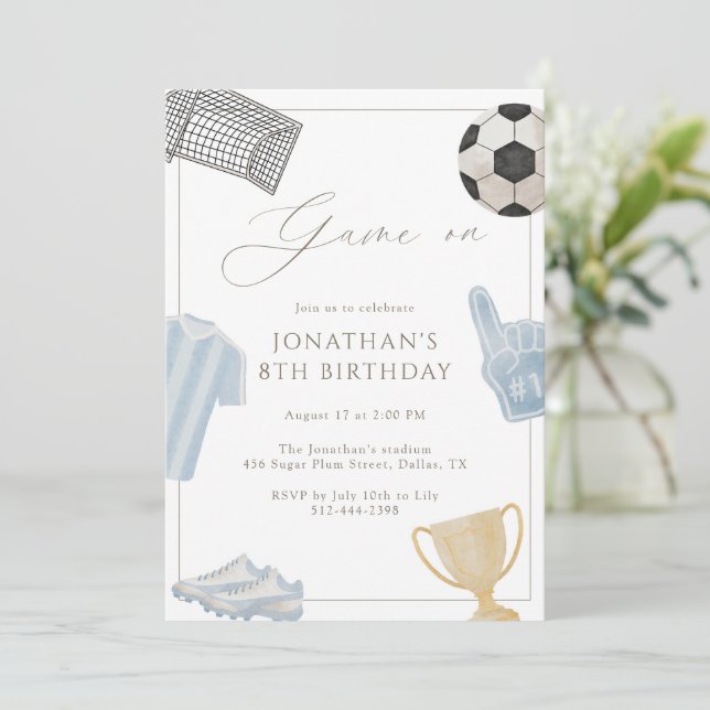 Blue Game On Soccer Birthday Party Boys Sports Invitation (Standing Front)