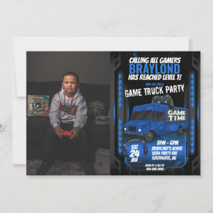 Blue Game Truck Birthday Party Photo Invitation