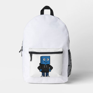 Blue Gaming Block Character Tote Bag, Gamer School Printed Backpack