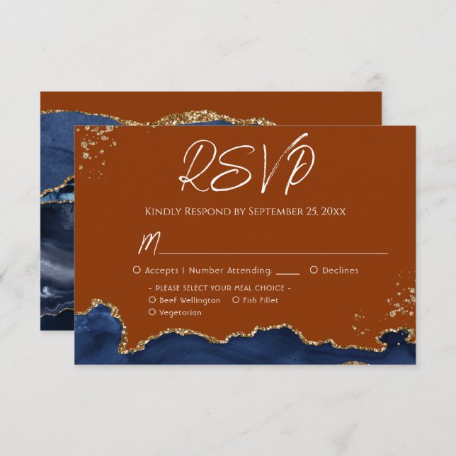 Blue Gand Orange Agate Wedding RSVP (Front/Back)