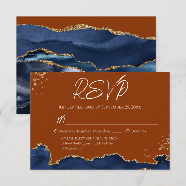 Blue Gand Orange Agate Wedding RSVP Card (Front/Back)