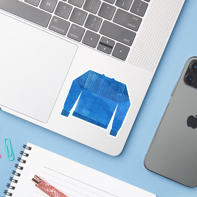 Blue gansey (Laptop w/ iPhone)