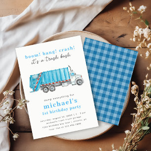 Blue Garbage Trash Truck Boy's 1st Birthday Party Invitation