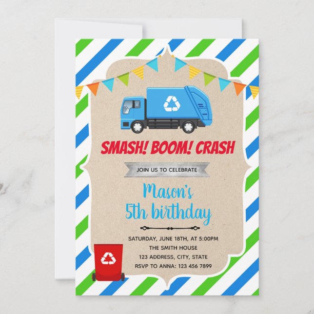 Blue garbage truck birthday invitation (Front)