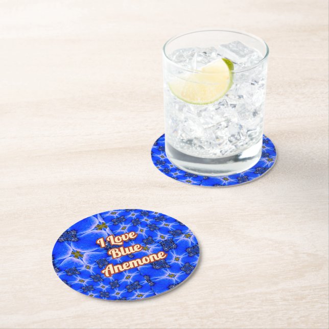 Blue Garden Anemone Pattern Round Paper Coaster (Insitu)