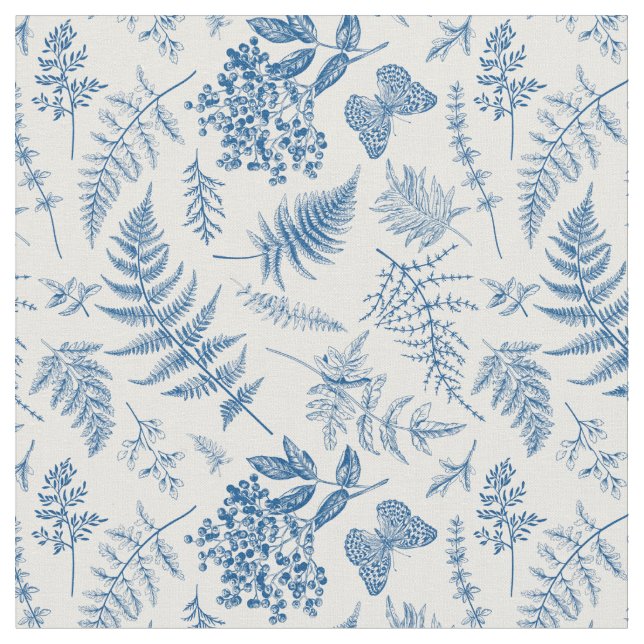 Blue Garden Butterfly & Floral Garden Pattern Fabric (Close Up)