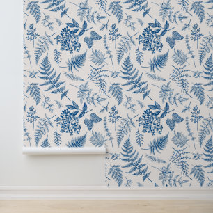 Blue Garden Butterfly & Floral Garden Pattern Wallpaper