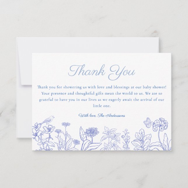 Blue Garden Chinoiserie Baby Shower Thank You Card (Front)