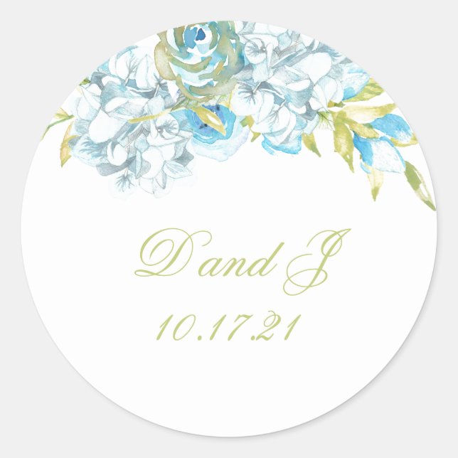 Blue Garden Flowers Wedding Classic Round Sticker (Front)