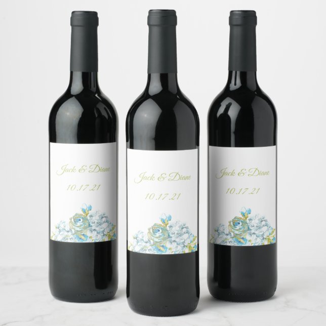 Blue Garden Flowers Wedding Wine Label (Bottles)