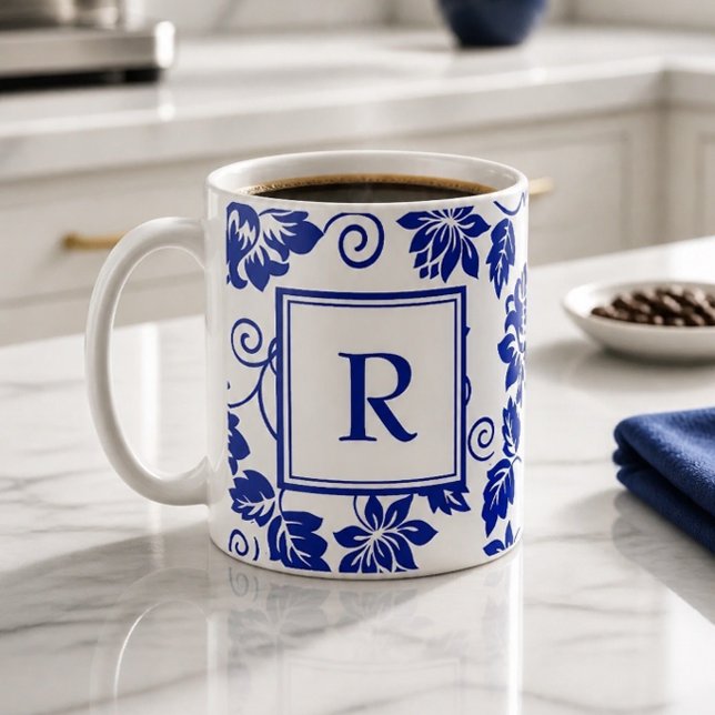 Blue Garden Pattern Monogram Coffee Mug (Creator Uploaded)