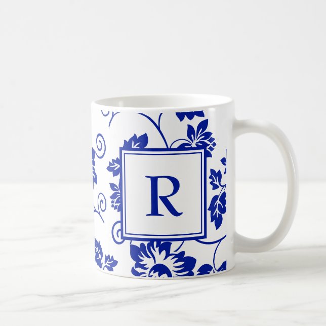 Blue Garden Pattern Monogram Coffee Mug (Right)