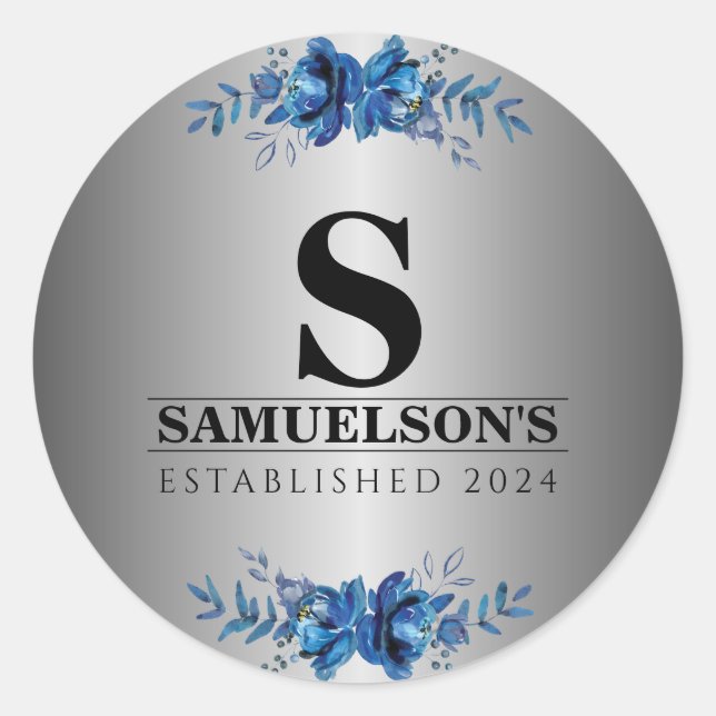 Blue Garden Soirée Metallic Silver Classic Round Sticker (Front)
