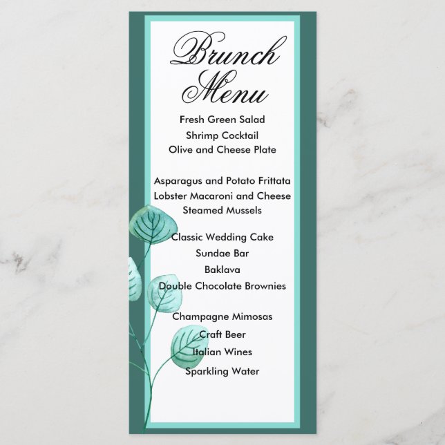 Blue Garden Watercolor Stems Wedding Menu (Front)