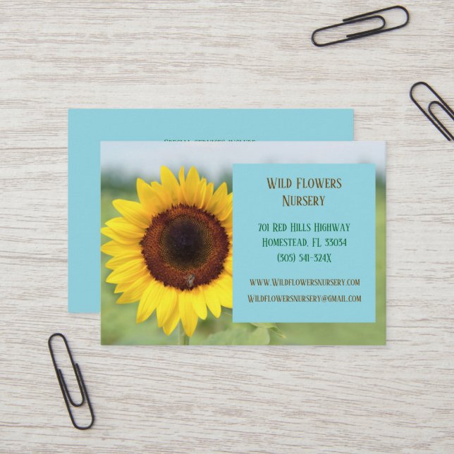 Blue Gardener Landscaper  Florist Sunflower Business Card (Front/Back In Situ)