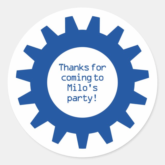Blue Gear Birthday Party Thank You Stickers (Front)