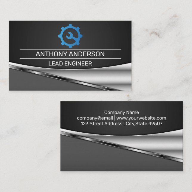 Blue Gear Wrench Logo | Metallic Background Business Card (Front/Back)
