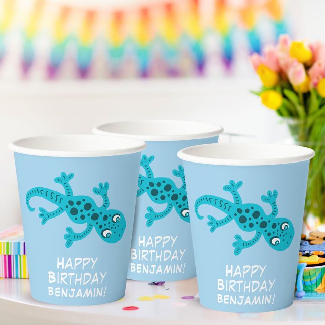 Blue Gecko Lizard Drawing Kids Birthday Paper Cups (Creator Uploaded)
