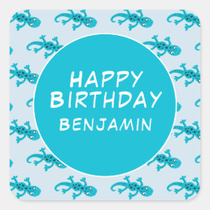 Blue Gecko Lizard Drawing Kids Happy Birthday  Square Sticker