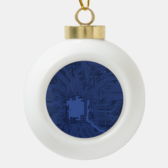 Blue Geek Motherboard Pattern Ceramic Ball Christmas Ornament (Front)