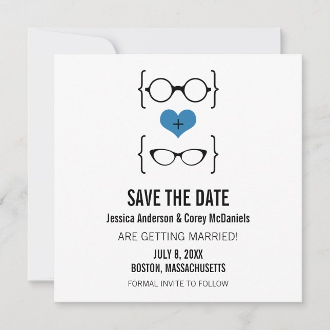 Blue Geeky Glasses Save the Date Announcement (Front)