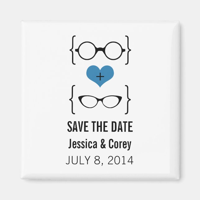 Blue Geeky Glasses Save the Date Magnet (Front)