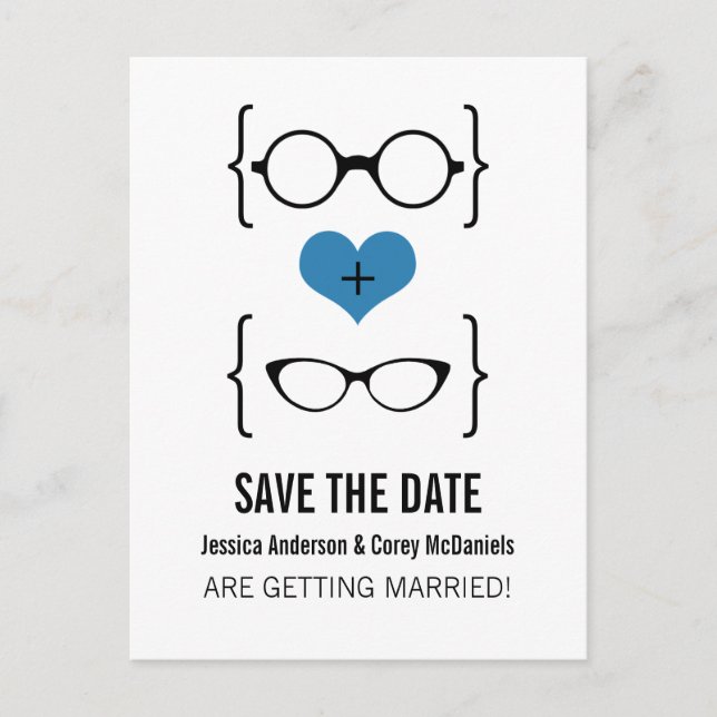 Blue Geeky Glasses Save the Date Postcard (Front)