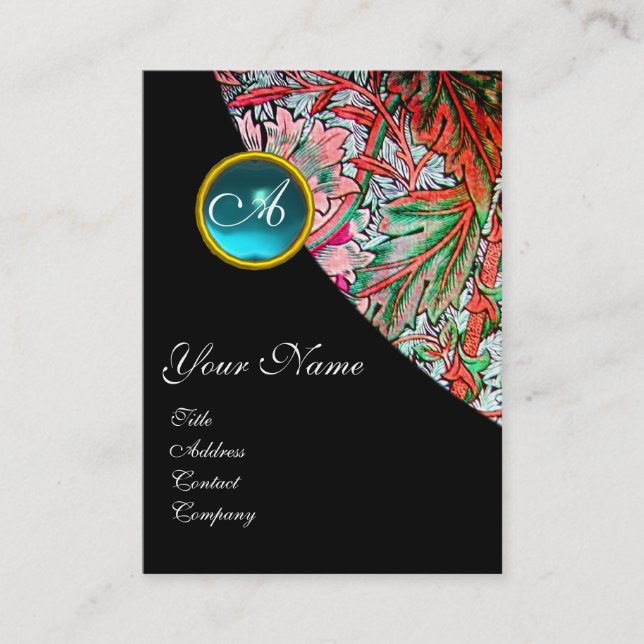 BLUE GEM DAMASK MONOGRAM 3 fuchsia green pink red Business Card (Front)