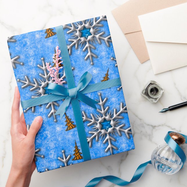 Blue Gem Snowflakes Gold Christmas Trees Christmas Wrapping Paper (Creator Uploaded)