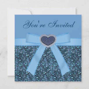 Blue Gem Stones, Bow & Heart Jewel Invites