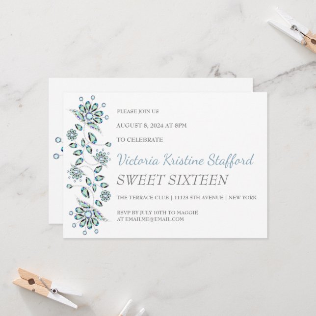 Blue Gems Floral Party Invitation (Front/Back In Situ)