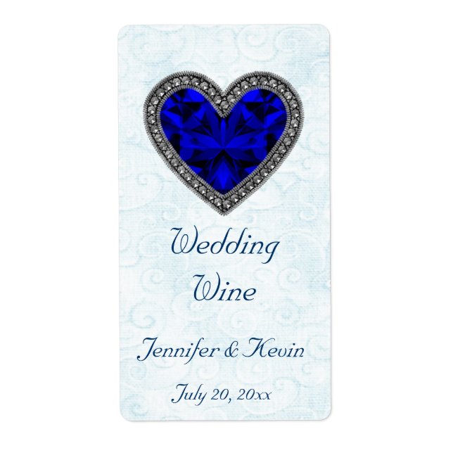 Blue Gemstone Heart Wedding Mini Wine Label (Front)