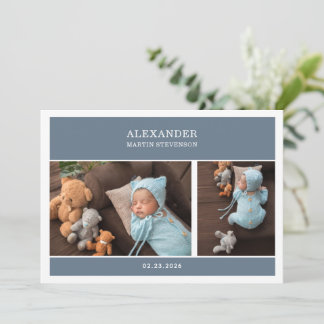 Blue Gender Neutral Photo Baby Announcement Card