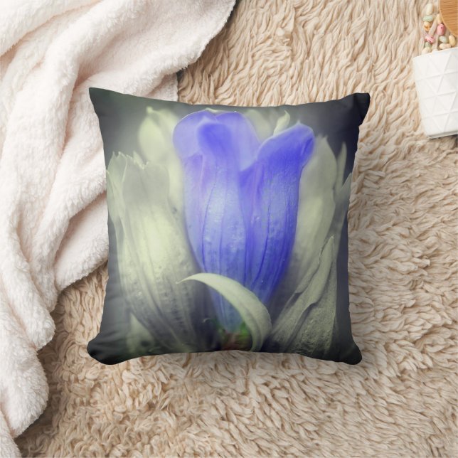 Blue Gentian Flower Black And White Partial Colour Cushion (Blanket)