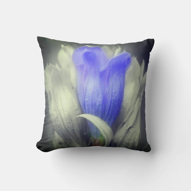 Blue Gentian Flower Black And White Partial Colour Cushion (Front)
