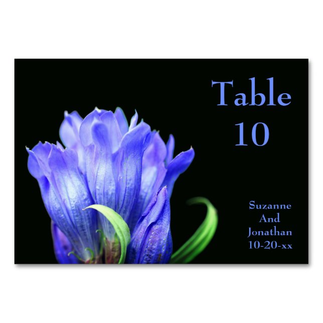 Blue Gentian Flower Personalised Wedding  Table Number (Front)