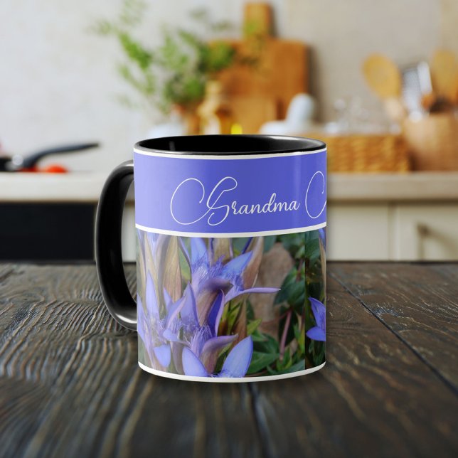 Blue Gentian Photo Mug (Blue Gentian wildflower with personalized name in a modern design.)