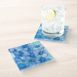 Blue Gentian Wildflower Painting Square Glass Coaster