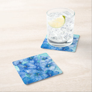 Blue Gentian Wildflower Painting Square Paper Coaster