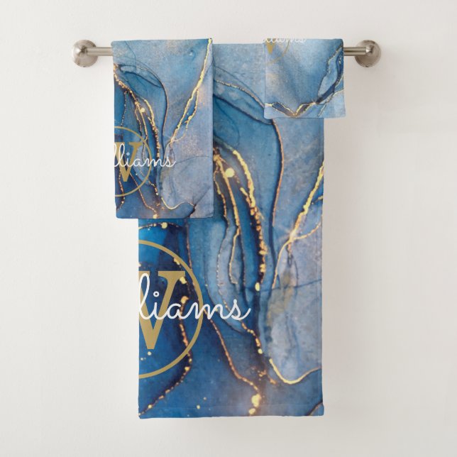 Blue Geode Agate Gold Monogram Bath Towel Set (Insitu)
